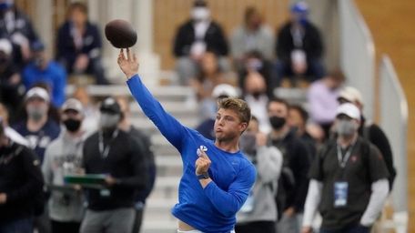 Zach Wilson throws during BYU pro day workout