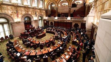 New York state Senate members meet in the