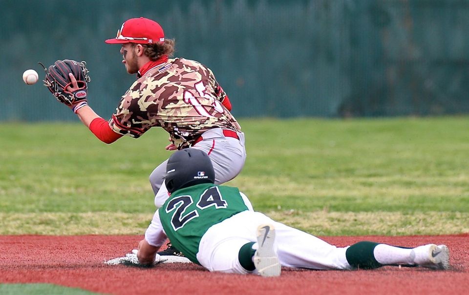 Longwood's Jake Hall slides safely into second base,