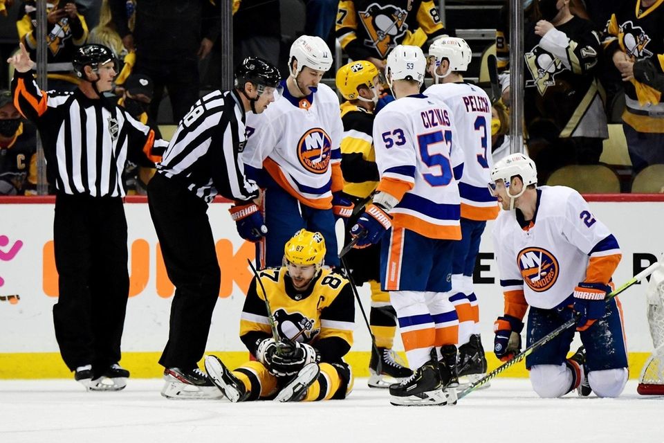 Sidney Crosby #87 of the Pittsburgh Penguins sits