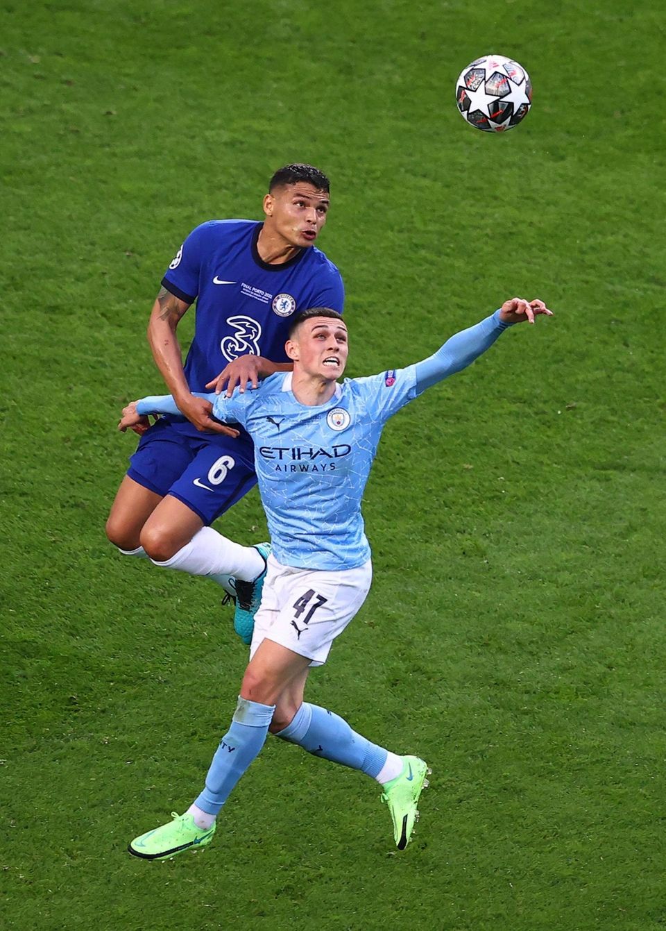 Thiago Silva of Chelsea wins a header over