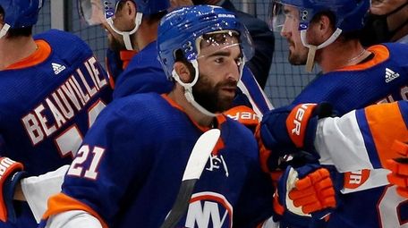 Kyle Palmieri of the Islanders celebrates his second-period