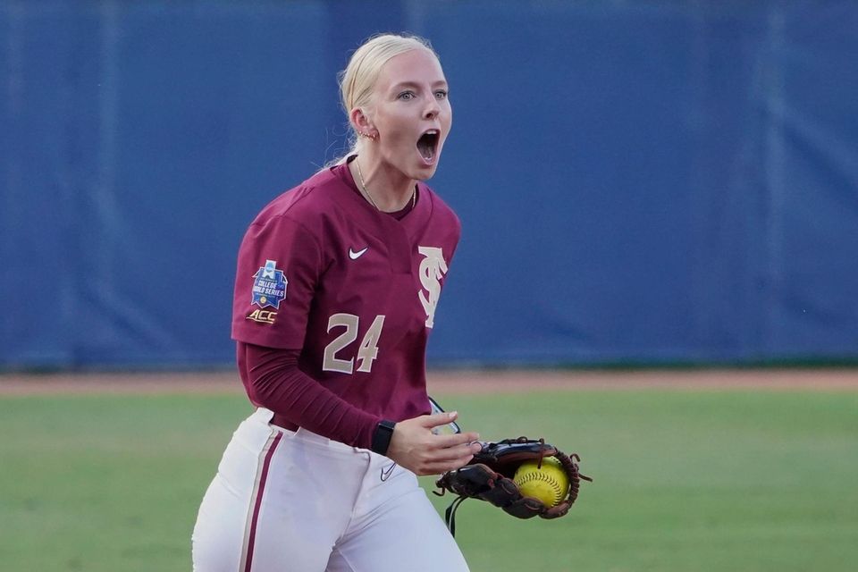 Florida State's Sydney Sherrill (24) reacts after tagging
