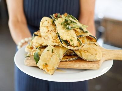Crispy eggplant chips with wildflower honey, salt, and