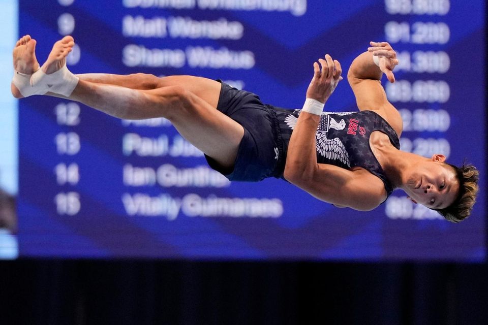 Yul Moldauer competes in the floor exercise during