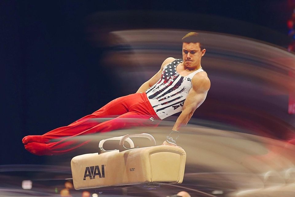 Brody Malone competes on pommel horse during the