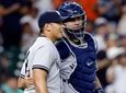 Yankees closing pitcher Jonathan Loaisiga, left, and catcher