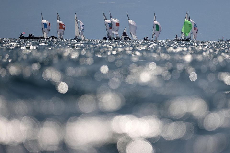 A fleet of 470 class dinghy's in action