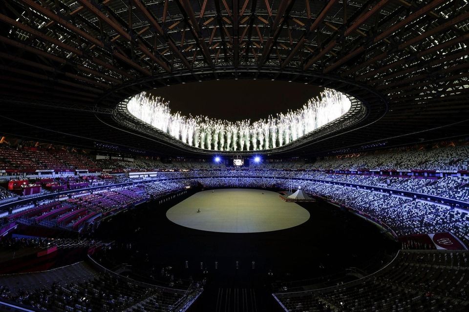 A general view inside the stadium as fireworks