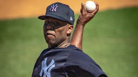 Yankees pitcher Reggie McClain takes part in live