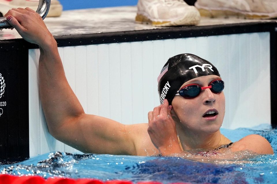 Katie Ledecky of United States looks up after
