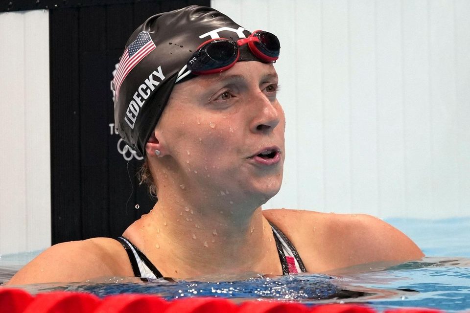 Katie Ledecky of United States looks up after