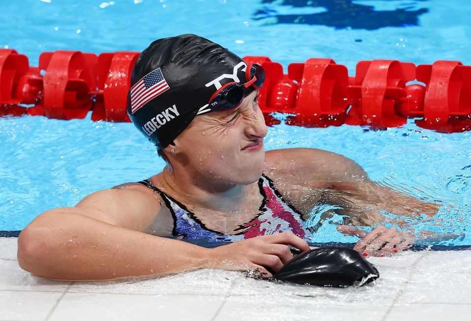 Katie Ledecky of Team United States reacts after