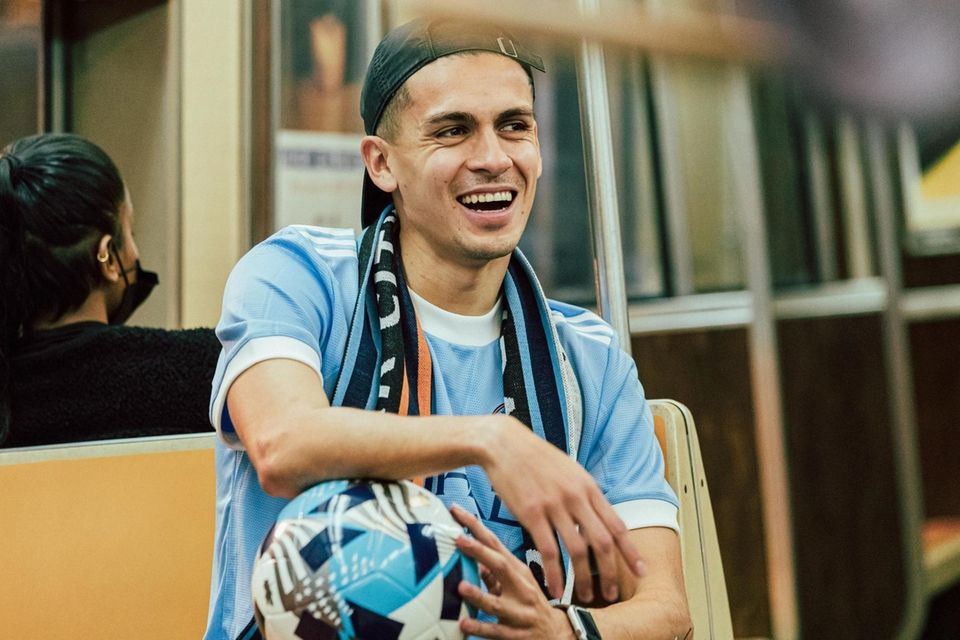 NYCFC midfielder Jesús Medina models the club's new