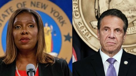 New York Attorney General Letitia James, left, presents