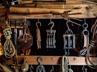 Pulleys hang from the barn at Ron Bush's