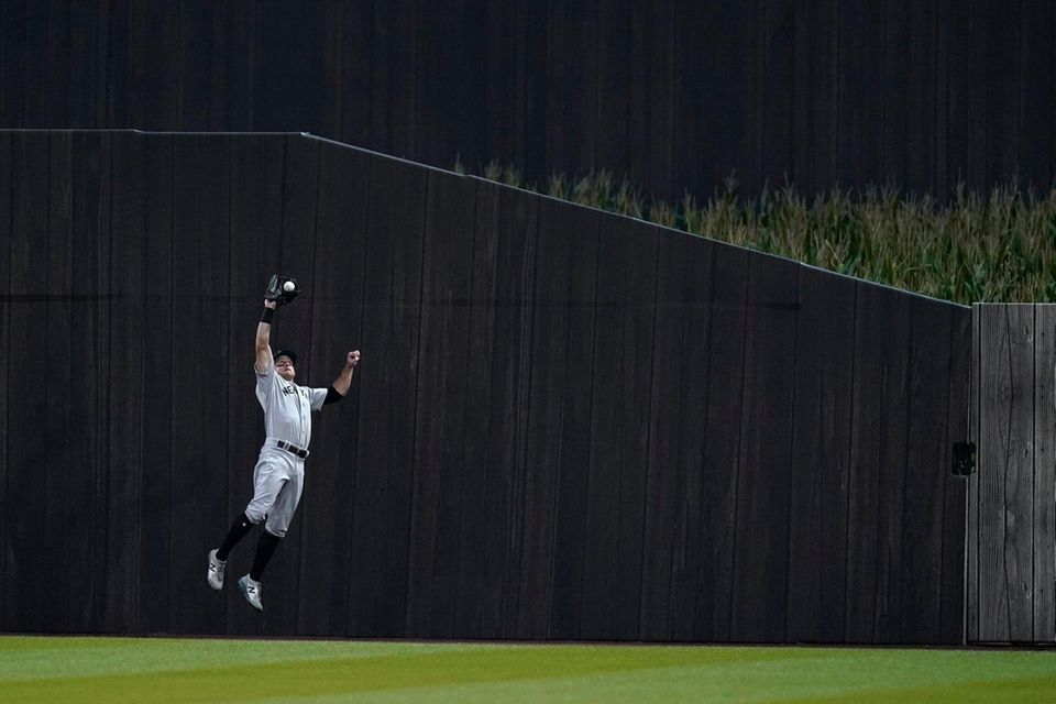 New York Yankees left fielder Brett Gardner jumps