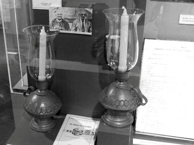 Lamps from Agudas Achim Synagoge are displayed at
