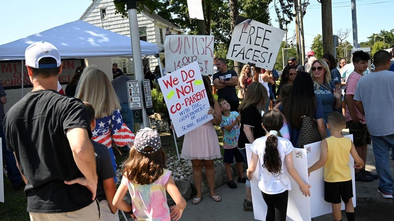 Parents and protesters gathered in Smithtown on Saturday,