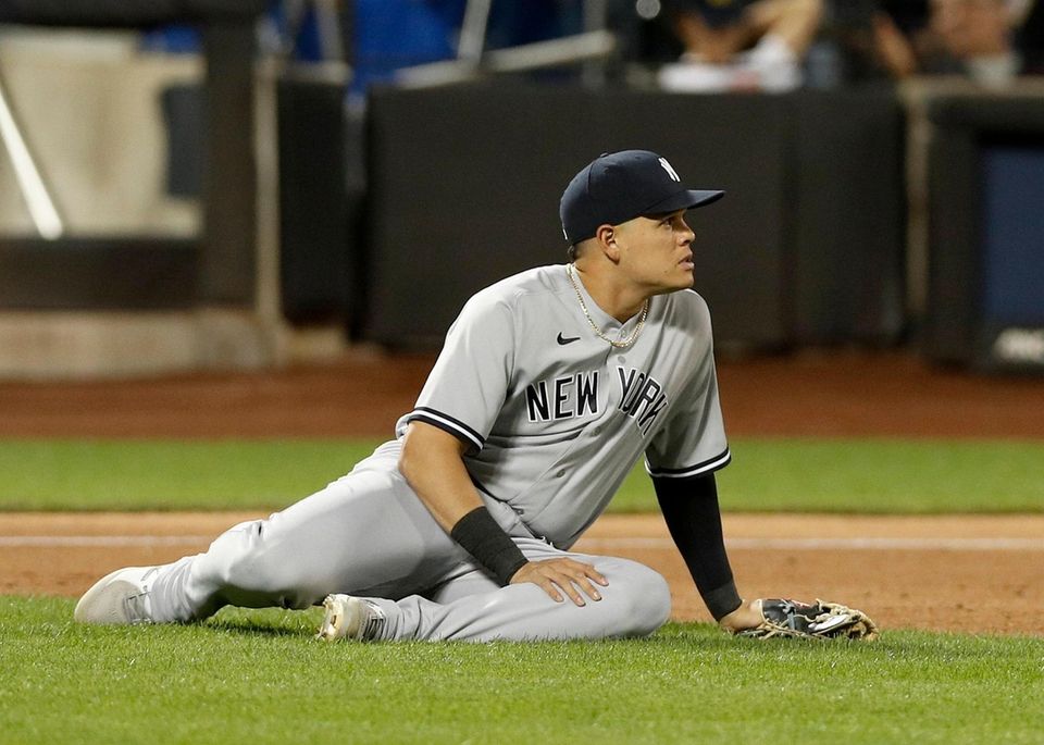 Gio Urshela of the Yankees looks on after