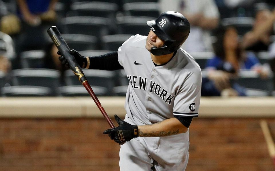 Gary Sanchez of the Yankees reacts after flying