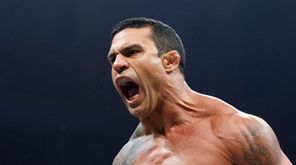 Vitor Belfort reacts after defeating Evander Holyfield during