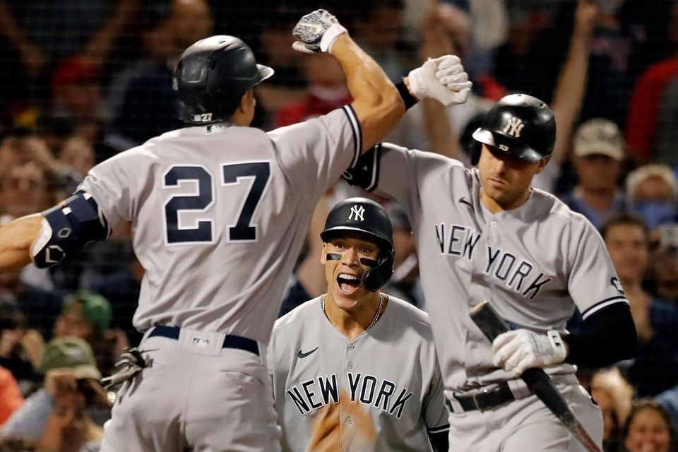 New York Yankees' Giancarlo Stanton celebrates his two-run