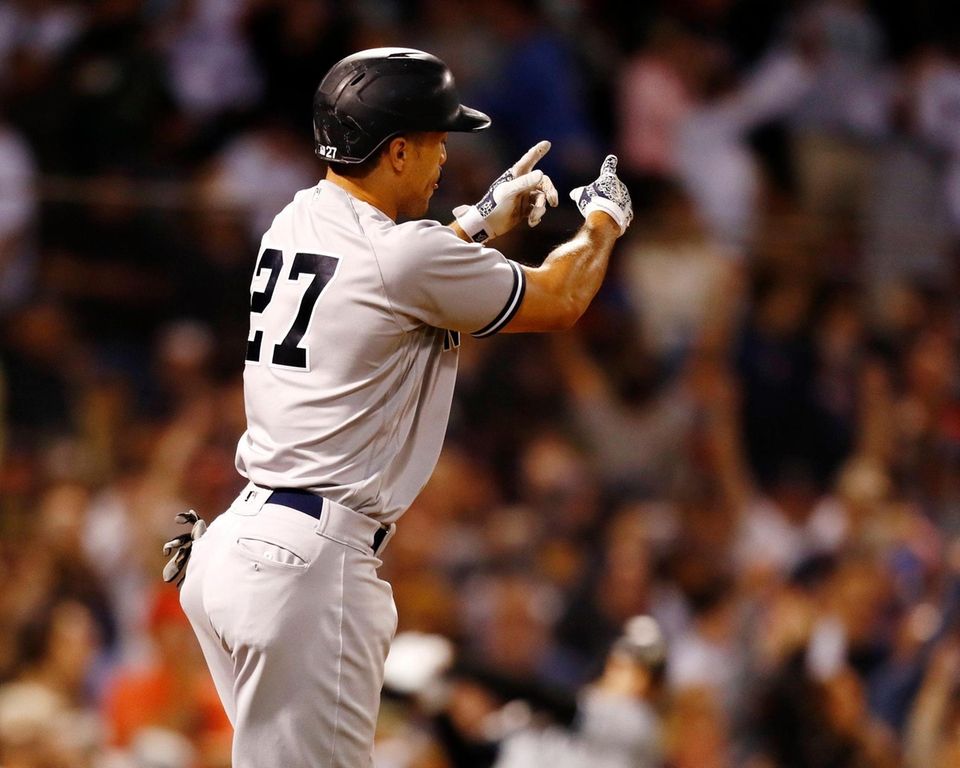 BOSTON, MASSACHUSETTS - SEPTEMBER 26: Giancarlo Stanton #27