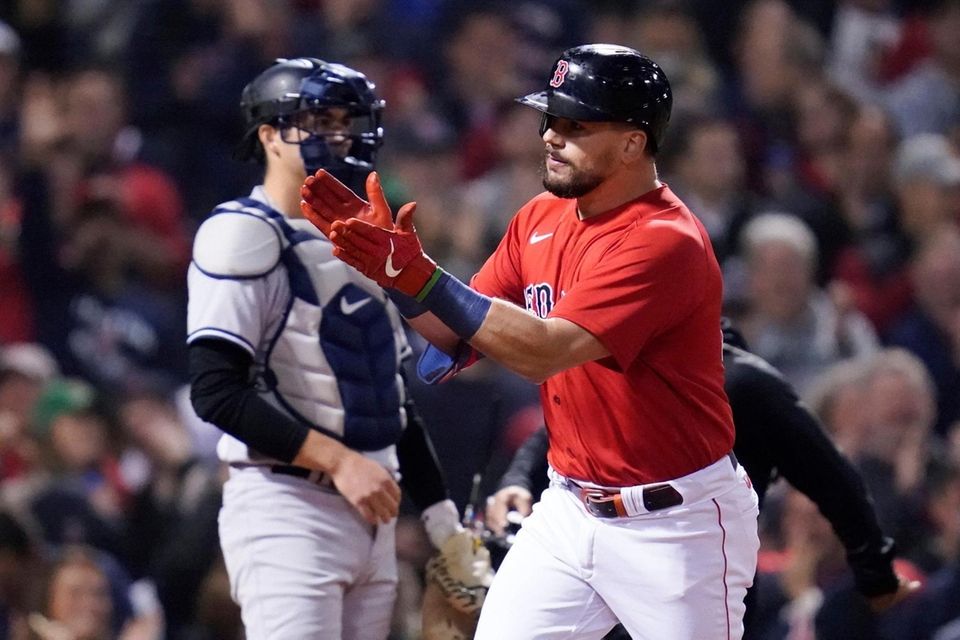 Boston Red Sox's Kyle Schwarber celebrates his solo
