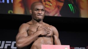 Kamaru Usman appears at the ceremonial weigh-ins for