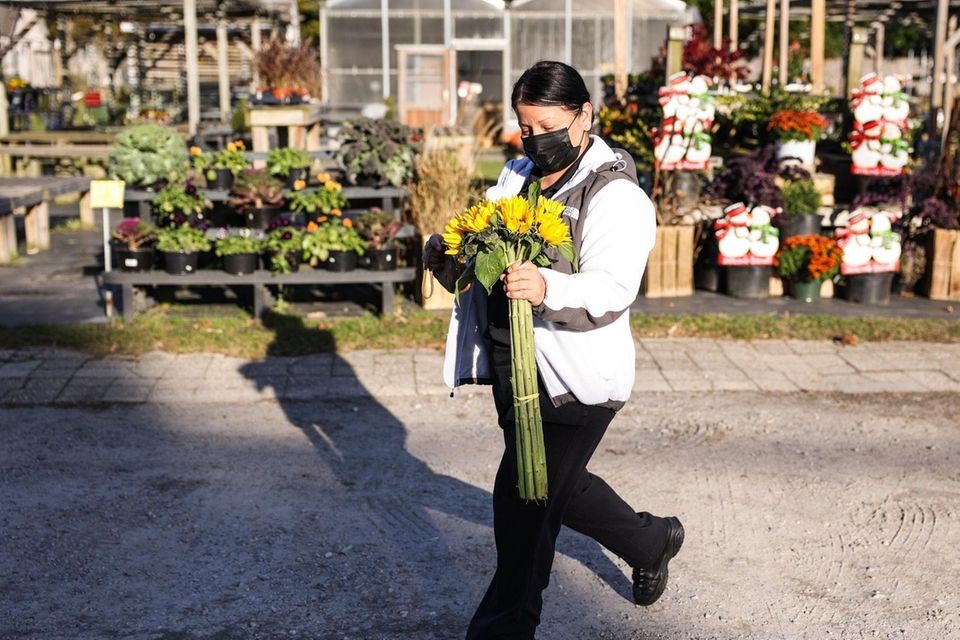 Marcia Tacuri, of Patchogue, purchases sunflowers from The