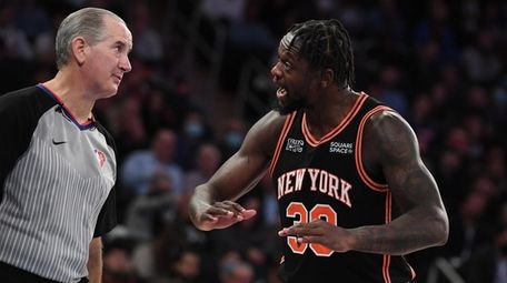 New York Knicks forward Julius Randle reacts to