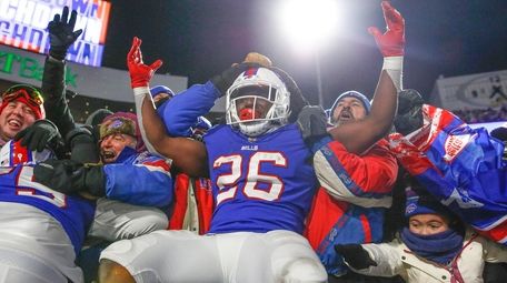 The Bills' Devin Singletary celebrates his second touchdown
