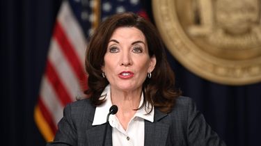 Gov. Kathy Hochul speaks during a news briefing