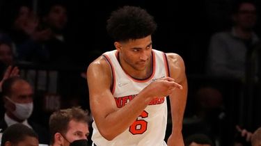 Quentin Grimes of the Knicks reacts after hitting