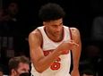Quentin Grimes of the Knicks reacts after hitting