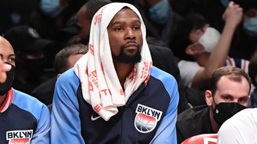 Brooklyn Nets forward Kevin Durant on the bench