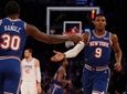 RJ Barrett of the Knicks celebrates a basket