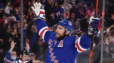 Rangers center Barclay Goodrow reacts after he scored