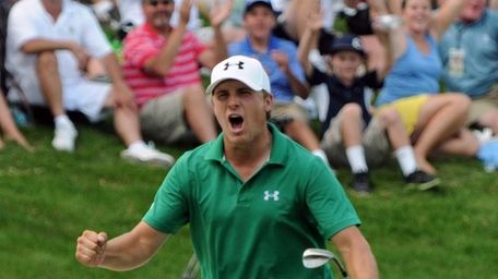 PGA Tour pro Jordan Spieth reacts to chipping
