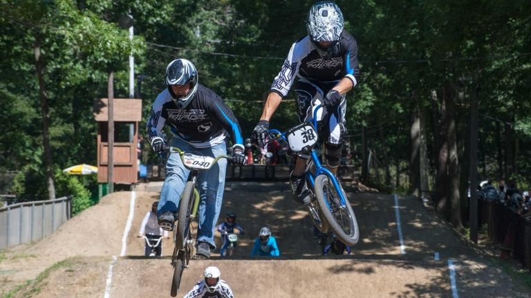 Veteran BMX racers Tom Bivona, 36, left, of