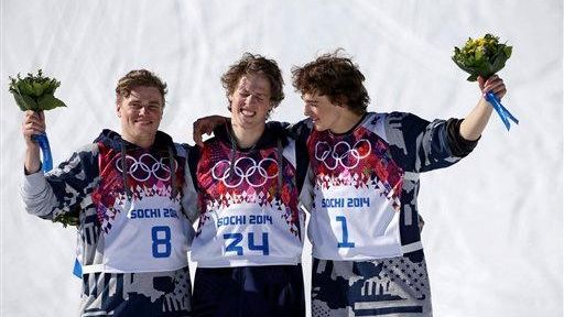 Men's ski slopestyle gold medalist Joss Christensen, center,