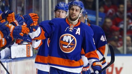 Frans Nielsen of the Islanders celebrates his second