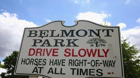 A sign is seen at Belmont Park on