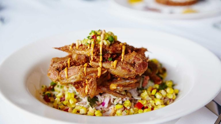 Crisp, flash-fried soft-shell crab is served with a
