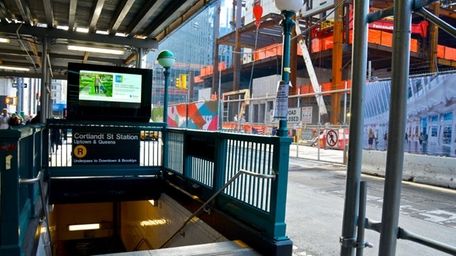 The Cortlandt Street Subway entrance seen across Church