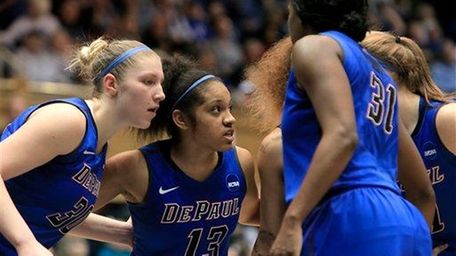 From left, DePaul's Megan Podkowa, Chanise Jenkins, Jasmine