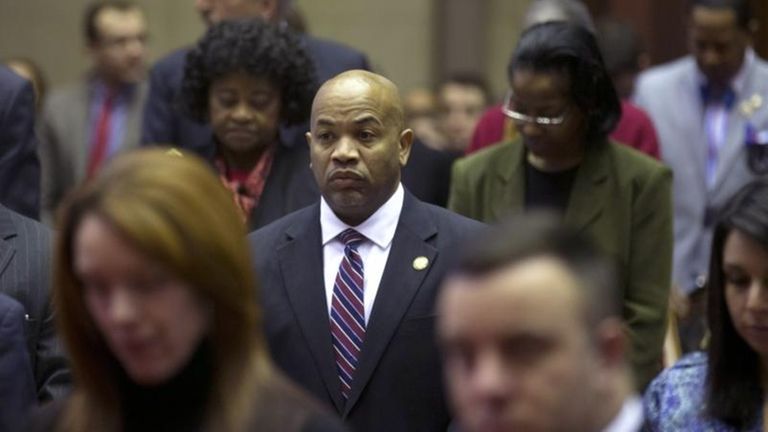 Assembly Speaker Carl Heastie (D-Bronx) stands with fellow
